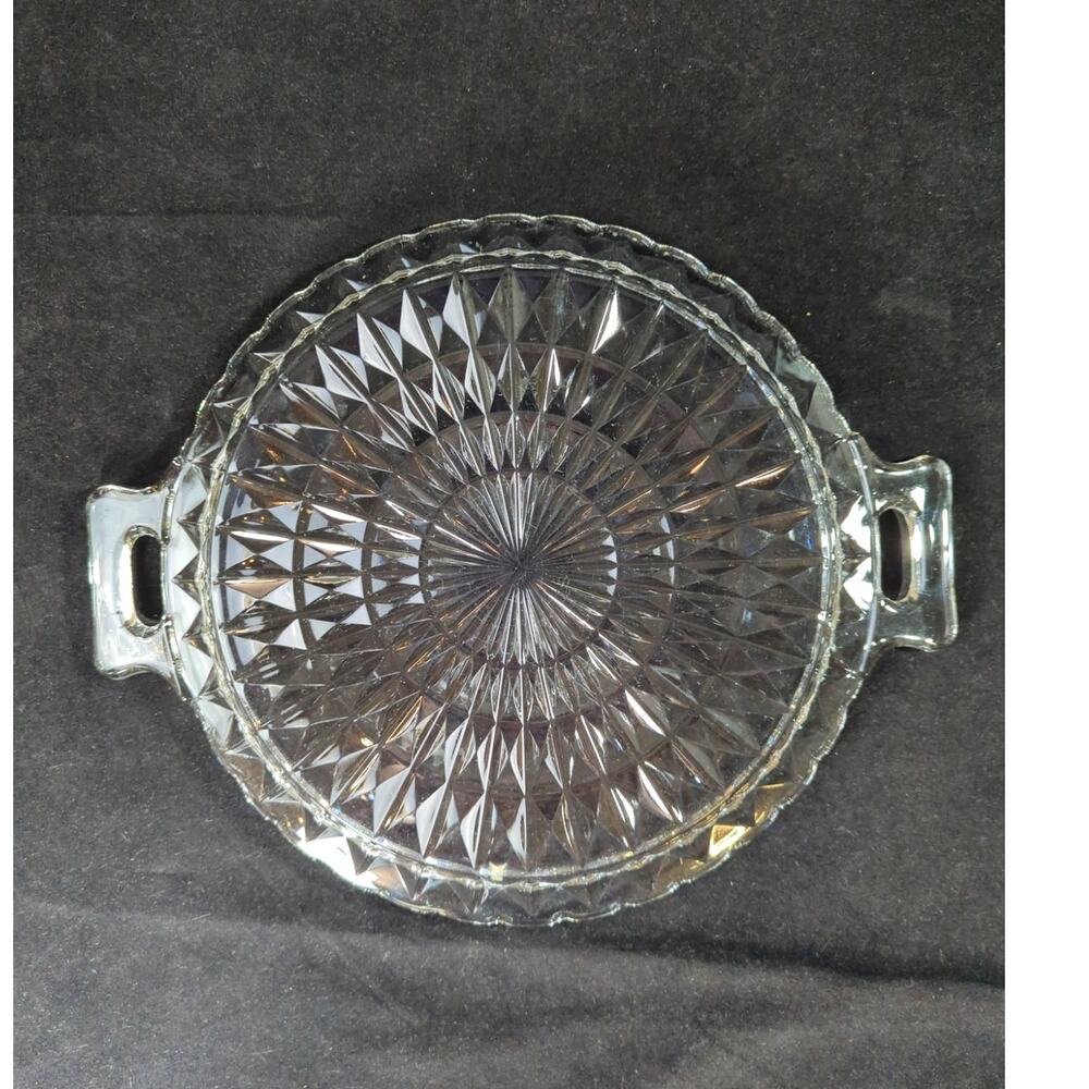 Jeanette Glass Windsor Clear Diamond Pattern Handled Sandwich Plate 12"